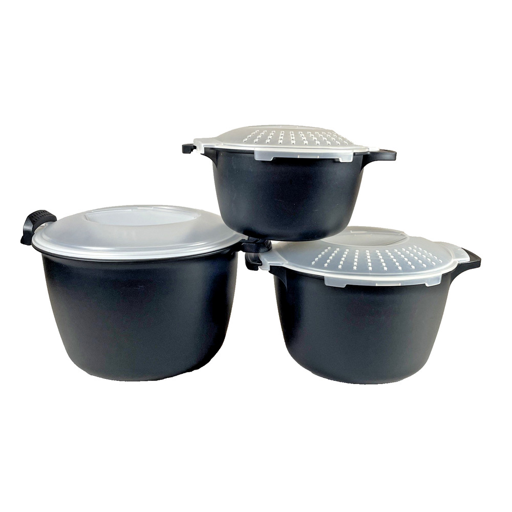Pampered Chef Set of 3 Micro-Cookers Steamers 1Qt 2Qt Black Microwave Bowls +Lid